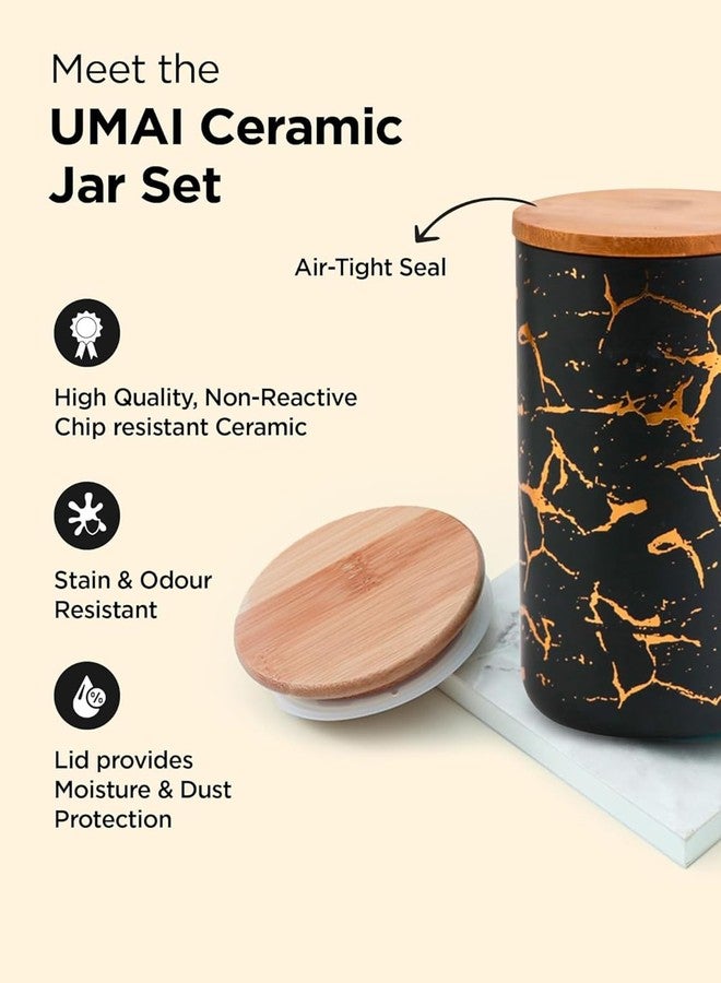 UMAI 800ml Ceramic Jar for Kitchen Storage | Air Tight Container Set with Bamboo Lid | Kitchen Container for Snacks, Tea, Sugar | Multipurpose Organizer | Black-Gold - Image 2
